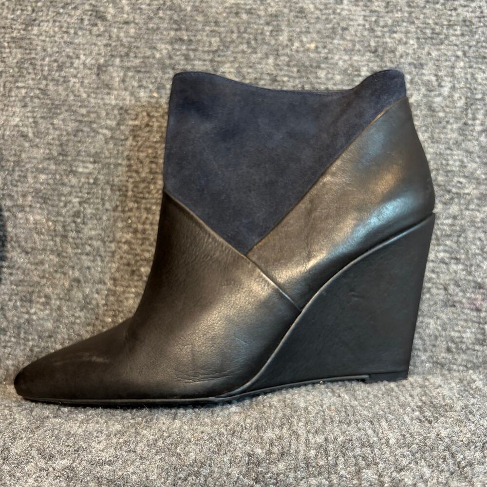 IKKS Black Leather Suede Wedge Heel Ankle Boots Shoes 8.5 EU 39 Comfort Booties